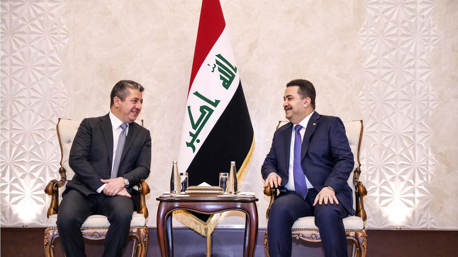 Kurdistan Region Prime Minister Masrour Barzani (left) is pictured during his meeting with Iraqi Prime Minister Mohammed Shia' Al-Sudani in Baghdad, Sept. 14, 2023. (Photo: KRG)