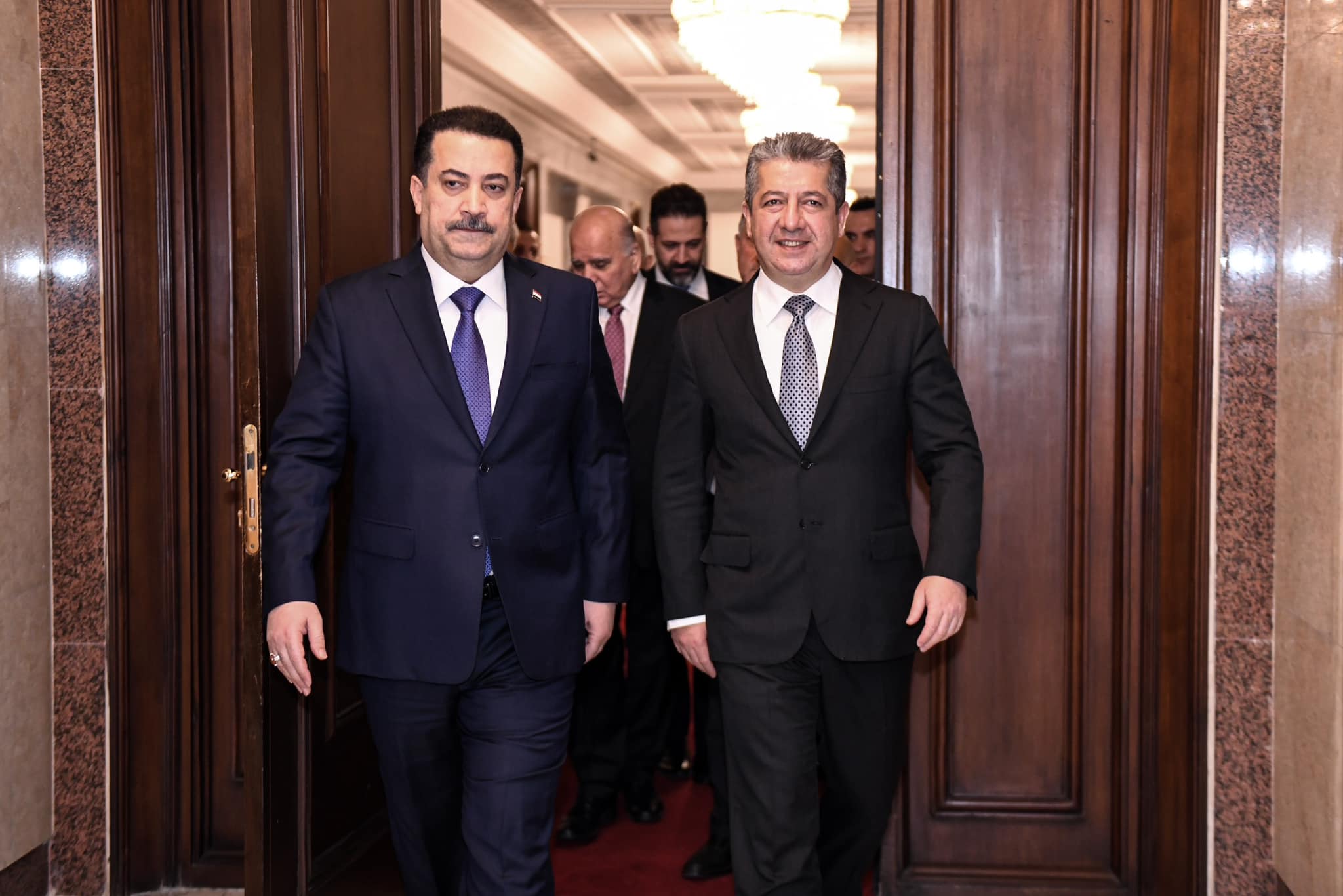 Kurdistan Region Prime Minister Masrour Barzani (right) walking alongside Iraqi Prime Minister Mohammed Shia' Al-Sudani in Baghdad, Sept. 14, 2023. (Photo: KRG)