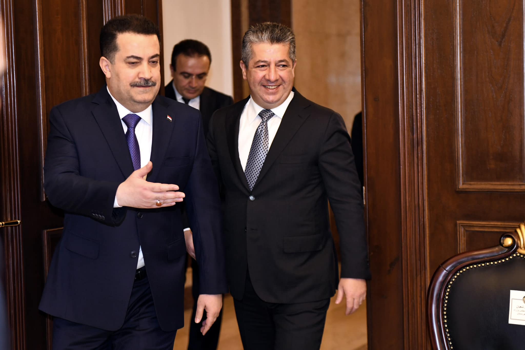 Kurdistan Region Prime Minister Masrour Barzani (right) greeted by Iraqi Prime Minister Mohammed Shia' Al-Sudani in Baghdad, Sept. 14, 2023. (Photo: KRG)