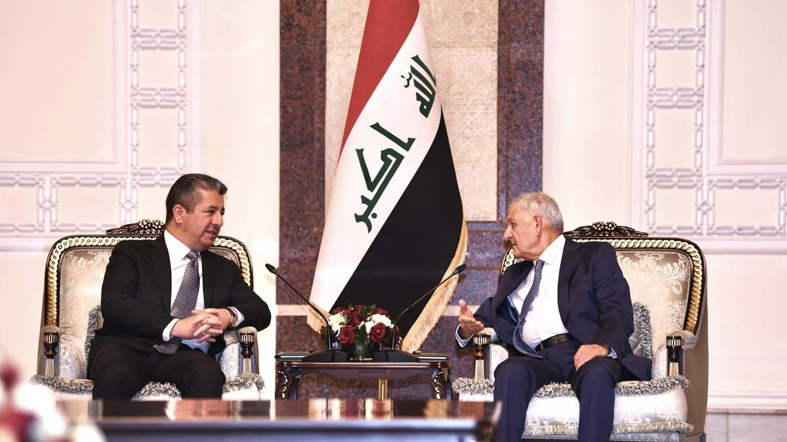 Kurdistan Region Prime Minister Masrour Barzani (left) is pictured during his meeting with Iraqi President Abdul Latif Rashid in Baghdad, Sept. 14, 2023. (Photo: KRG)