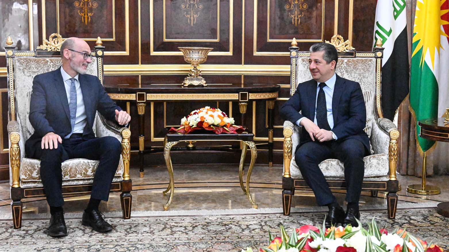 Kurdistan Region Prime Minister Masrour Barzani (right) is pictured during his meeting with UK Ambassador to Iraq Stephen Hitchen in Erbil, Sept. 16, 2023. (Photo: KRG)
