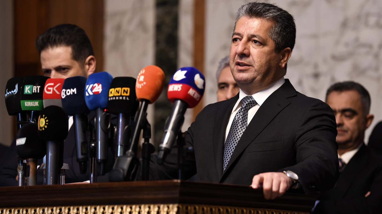 Kurdistan Region Prime Minister Masrour Barzani speaking at a press conference in Baghdad, Sept. 15, 2023. (Photo: KRG)