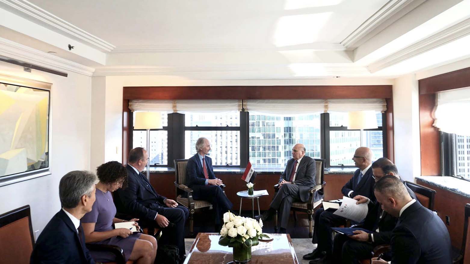 Iraqi Minister of Foreign Affairs and Deputy Prime Minister Fuad Hussein (top right) is pictured during his meeting with Special Envoy of the UN Secretary-General for Syria Geir O. Pedersen, Sept. 17, 2023. (Photo: Iraqi government)