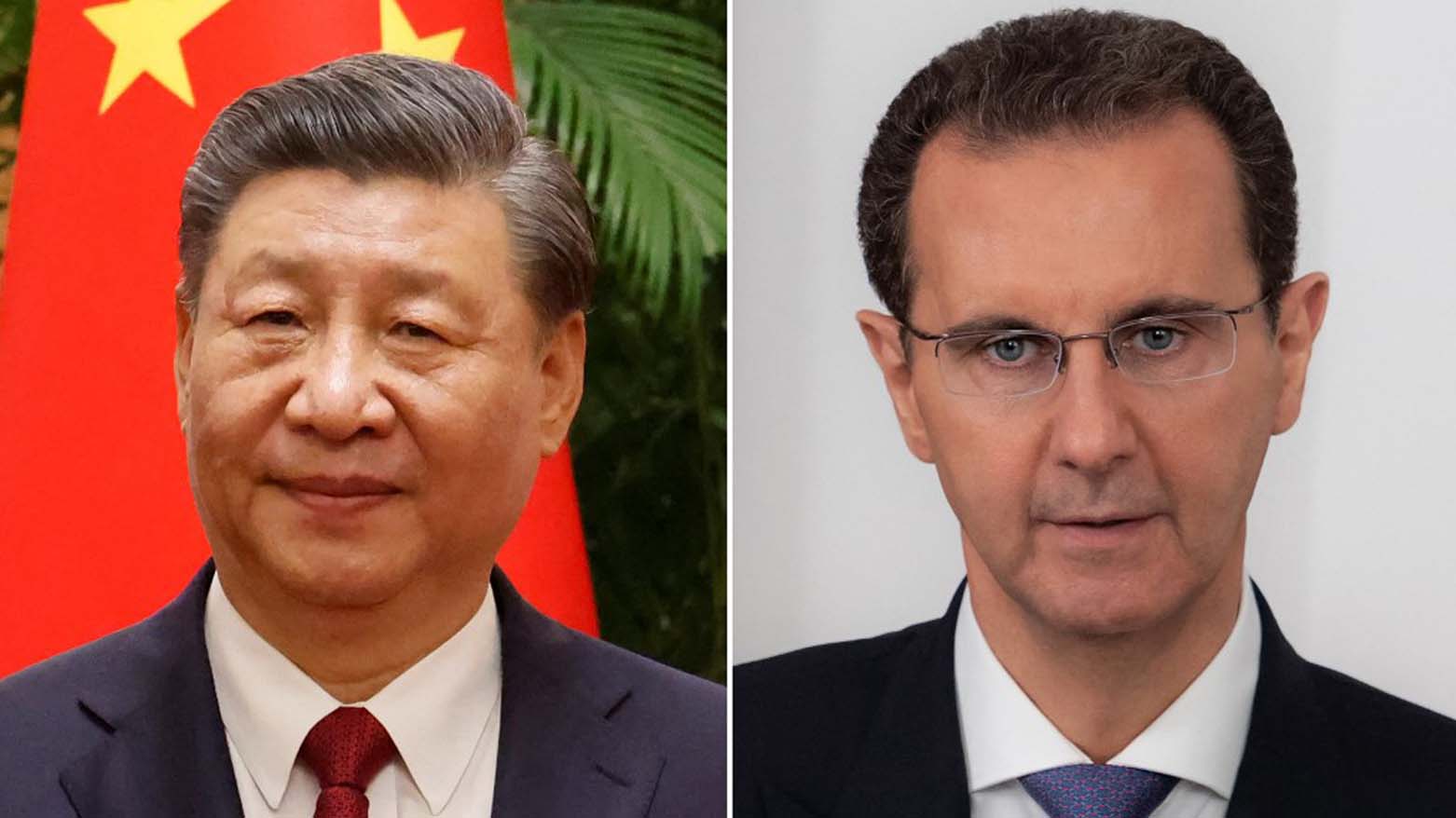 Combined photos of Chinese President Xi Jinping (left) attending a meeting in April 2023 and Syria's Bashar al-Assad during a televised speech. (Photo: Designed by AFP)