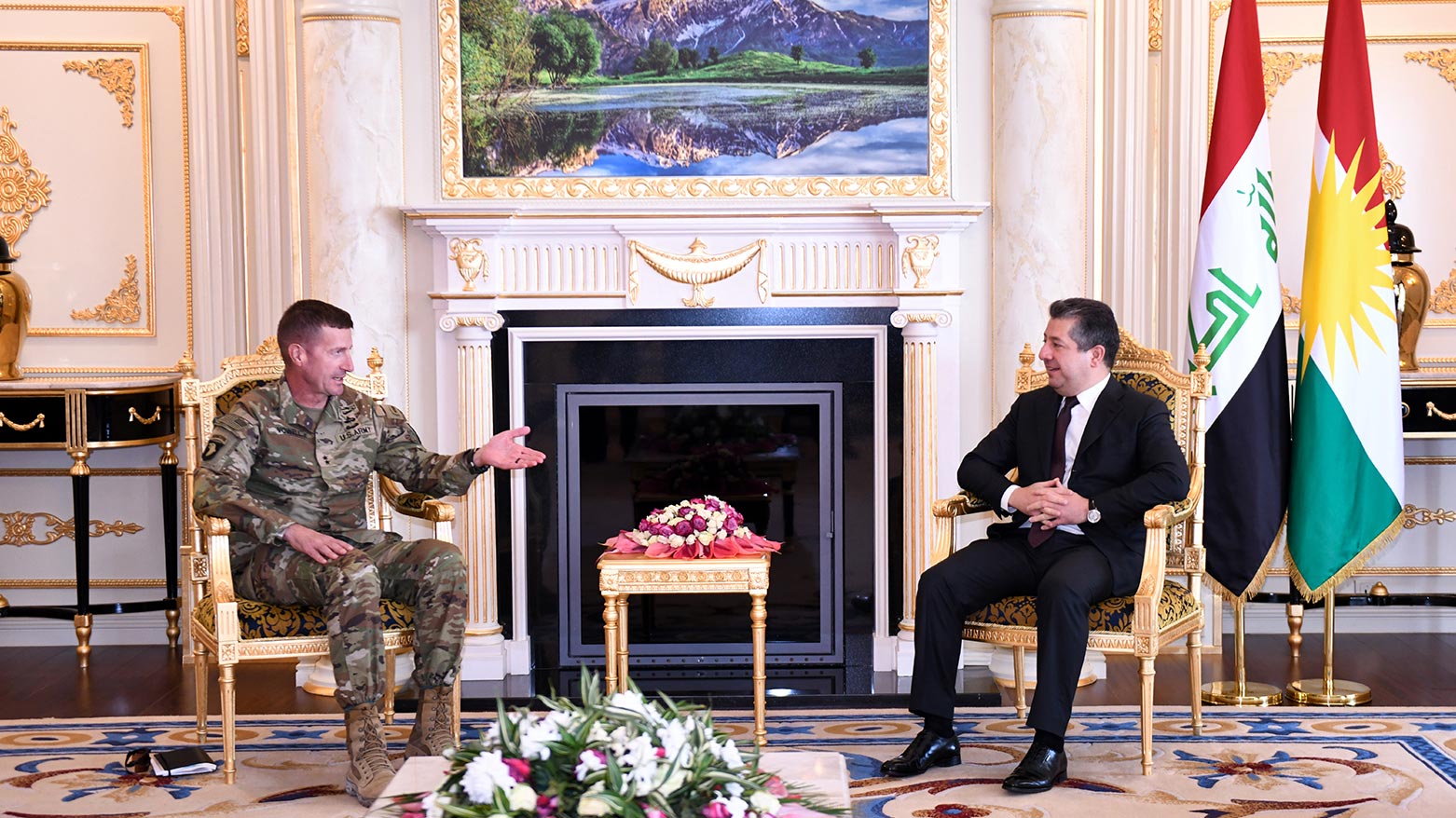 Kurdistan Region Prime Minister Masrour Barzani (right) during his meeting with Commander General of the Combined Joint Task Force-Operation Inherent Resolve Major General Joel Vowell, Sept. 21, 2023. (Photo: KRG)