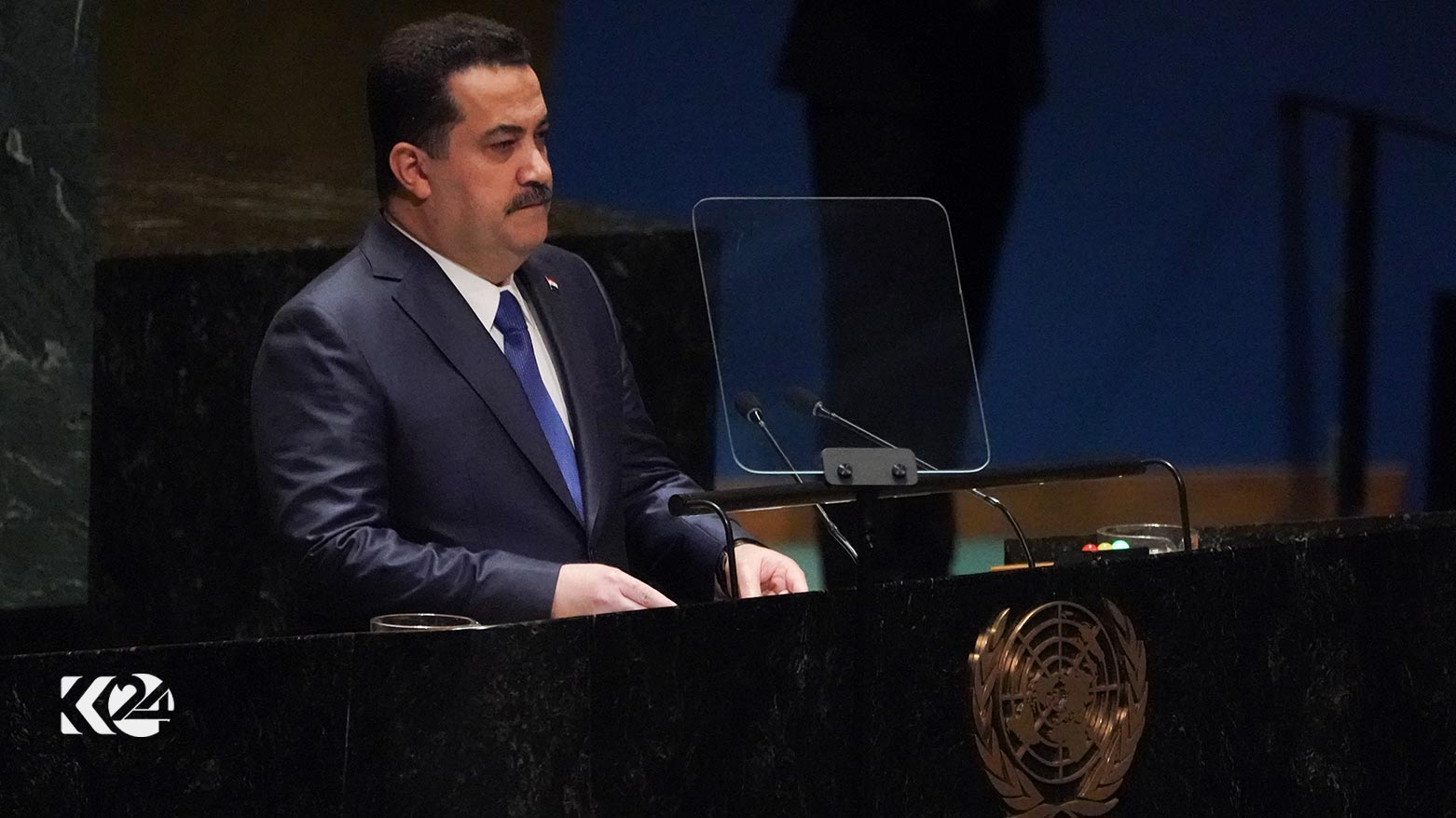 Iraqi Prime Minister Mohammed Shia' al-Sudani delivering a speech at the UN General Assembly, Sept. 22, 2023. (Photo: Bryan R. Smith / AFP)