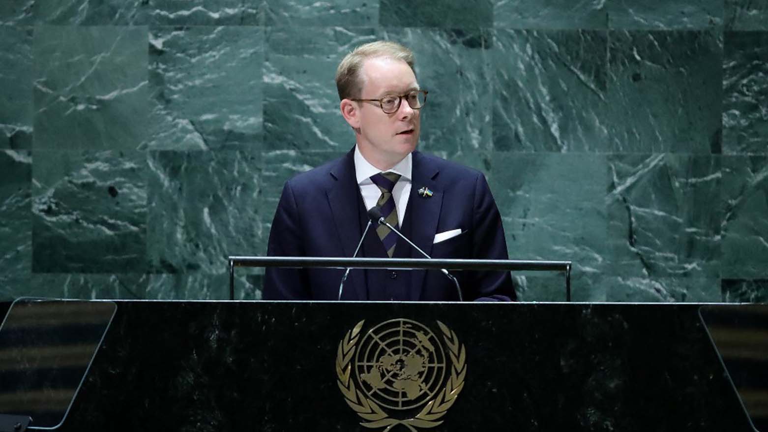 Sweden's Foreign Minister Tobias Billstrom addresses the 78th United Nations General Assembly at UN headquarters in New York City, Sept. 22, 2023. (Photo: Leonardo Munoz/AFP
