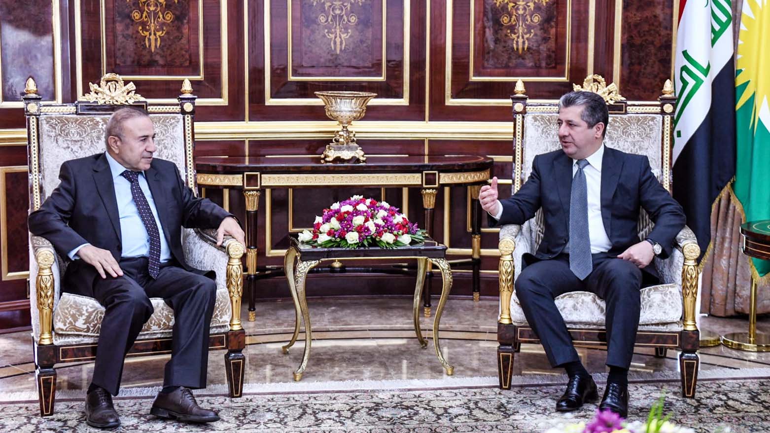 Kurdistan Region Prime Minister Masrour Barzani (right) during his meeting with Abdul Hakim Bashar, a member of the KNC delegation, in Erbil, Sept. 23, 2023. (Photo: KRG)
