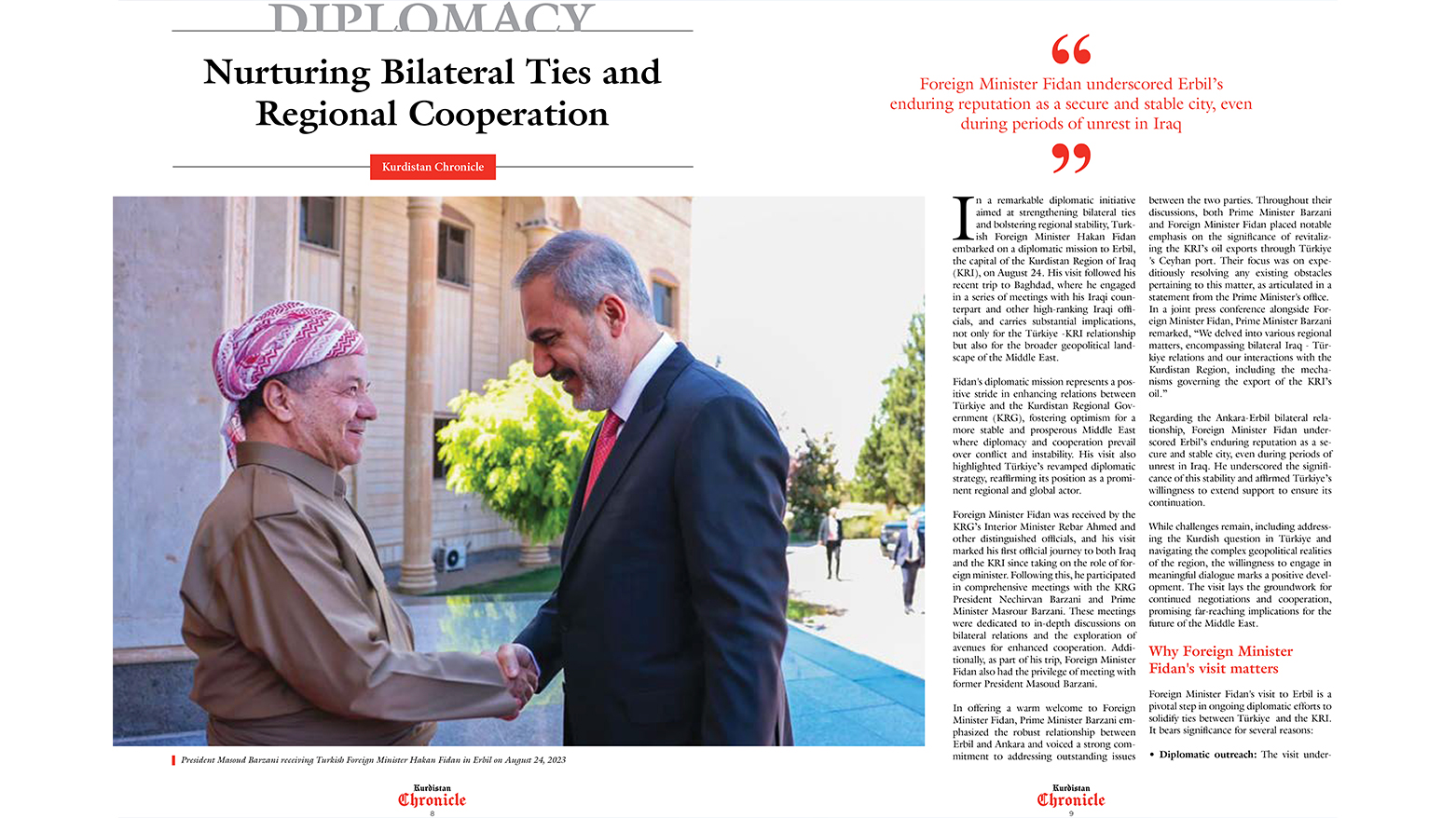 The frontpage of the article 'Nurturing Bilateral Ties and Regional Cooperation’. (Photo: Kurdistan Chronicle)