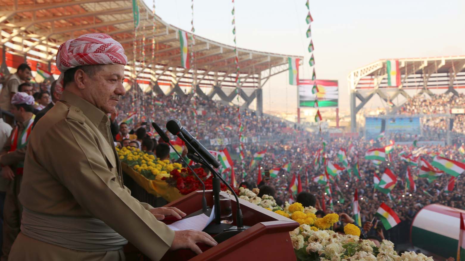 Former Kurdistan Region president and current Kurdistan Democratic Party (KDP) President Masoud Barzani delivering remarks at rally for independence referendum in 2017. (Photo: Barzani Headquarters)