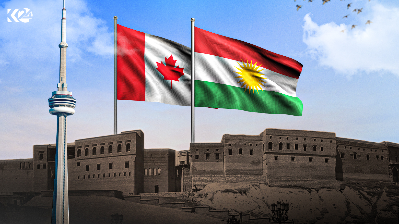 Kurdistan Region, Canada flags designed with ancient Erbil citadel and Canada's landmark CN tower. (Photo: Designed by Kurdistan 24)