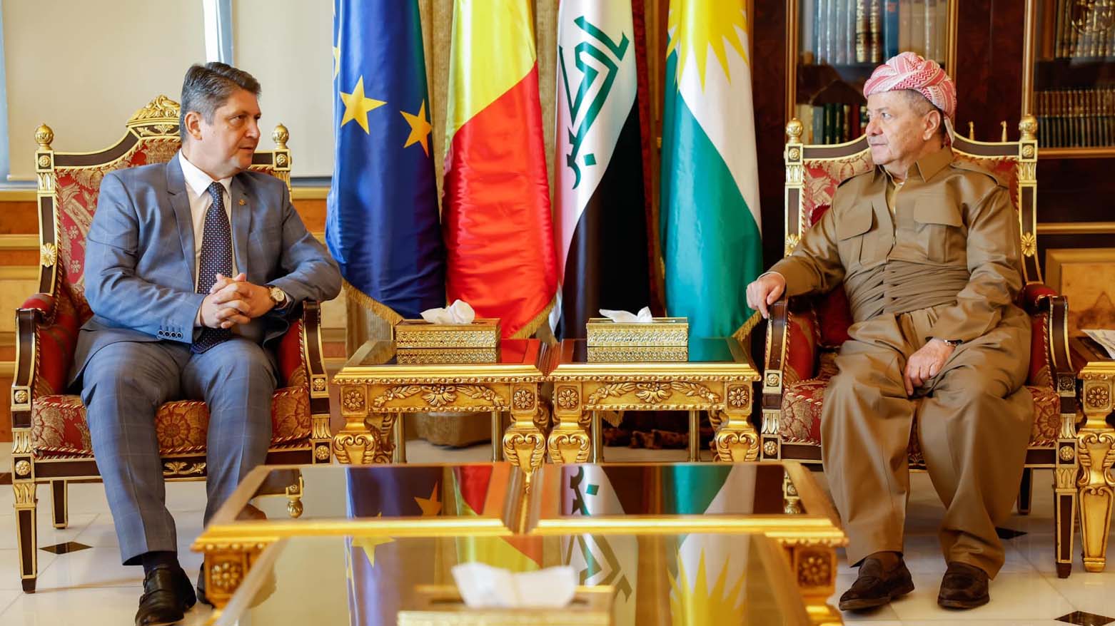 KDP President Masoud Barzani (right) is pictured during his meeting with Senator Titus Corlatean, Chairman of the Foreign Policy Committee in the Romanian Senate in Erbil, Sept. 28, 2023. (Photo: Barzani Headquarters)