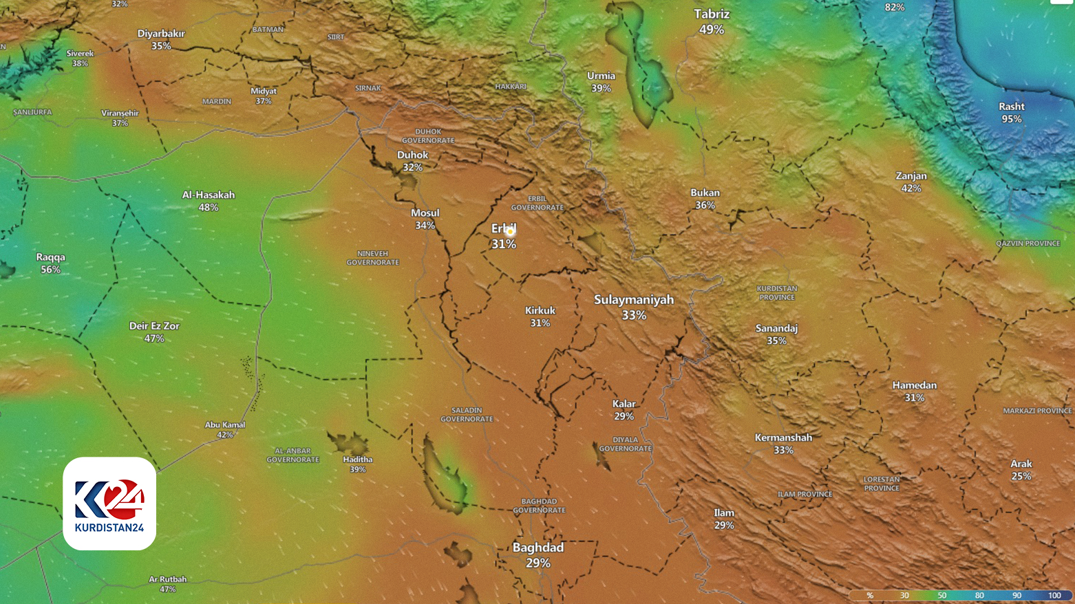 Percentage of humidity for the Kurdistan Region's governorates for Wednesday Sep. 18th. (Photo: Kurdistan24)