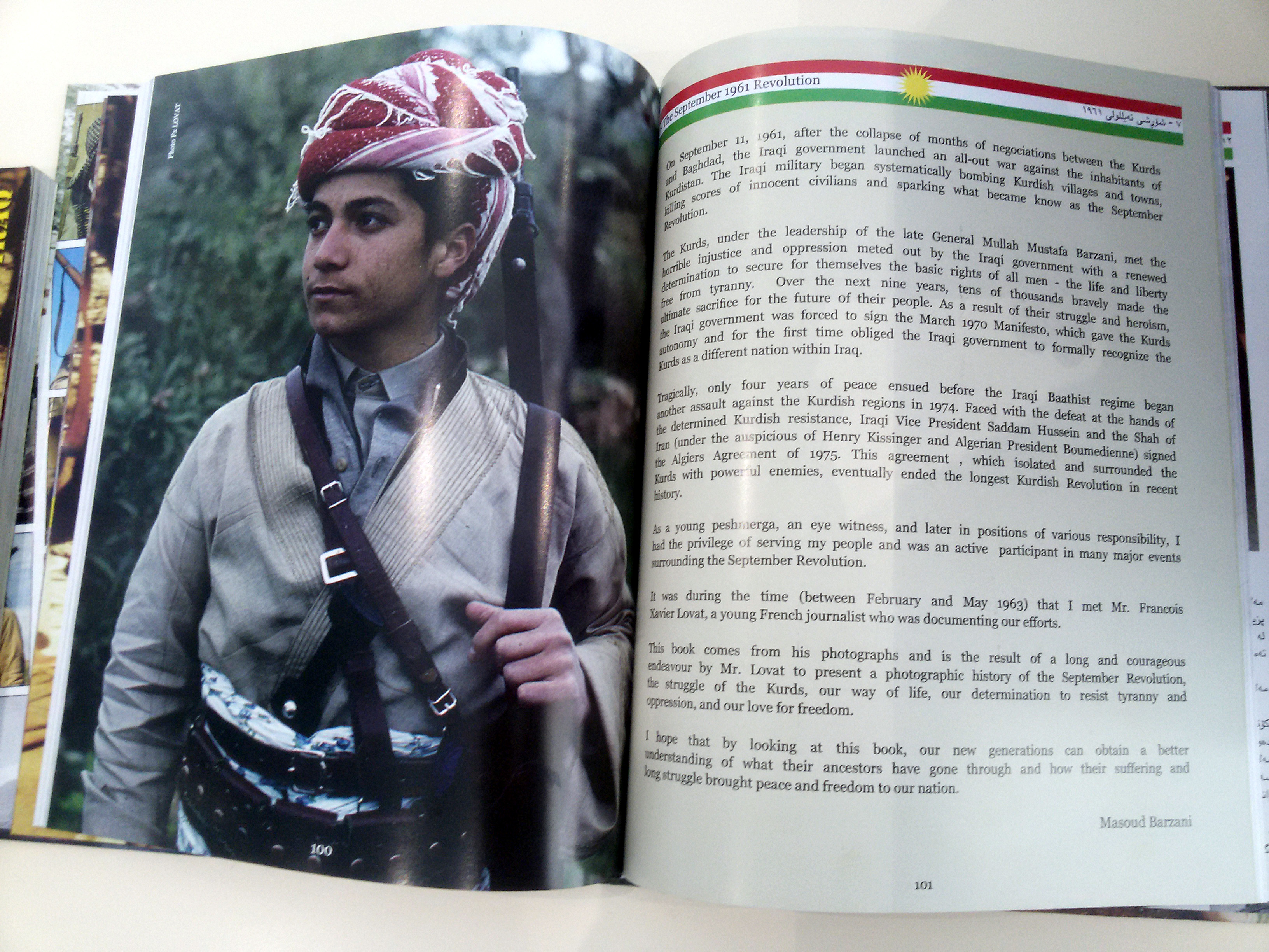 Shot of the French photographer and journalist Francois Lovat's books on the the late Kurdish leader Mela Mustafa Barzani, July 7, 2016. (Photo: Kurdistan24/Hisham Arafat)
