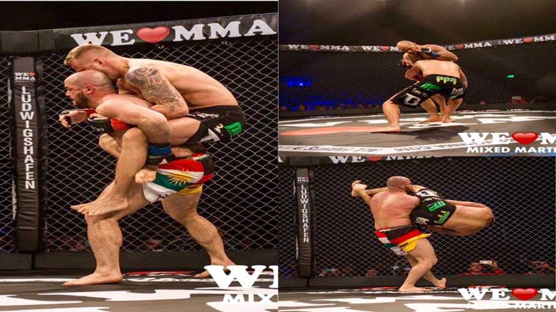 The German-Syrian Kurdish boxer Baker Barakat in shorts with the Kurdistan flag during a Mixed Martial Arts (MMA) match at a national championship, Cologne, Germany, May 3, 2016. (Photo: SMA/Baker Barakat)