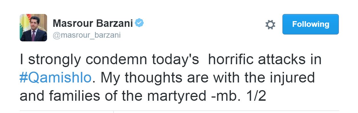 مه‌سروور بارزانی كرده‌ تیرۆریستییه‌كانی قامیشلۆ به‌ توندی شه‌رمه‌زار ده‌كات