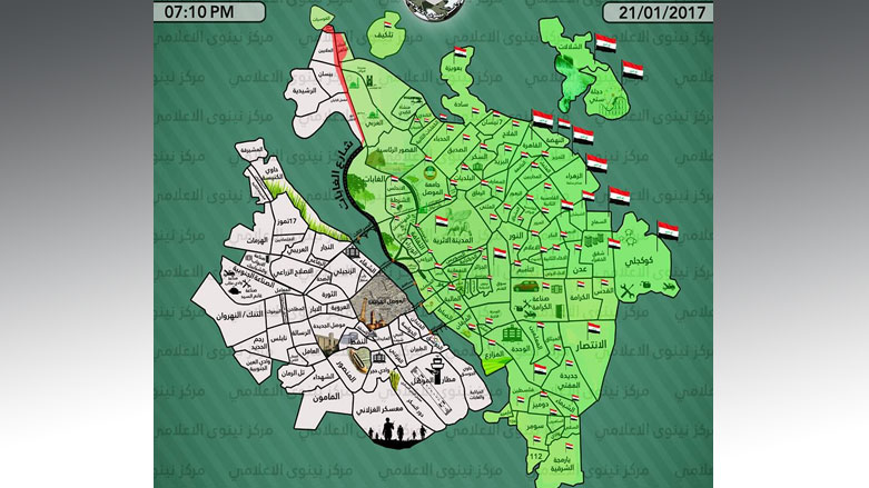 صورة لخارطة نشرها مركز نينوى الاعلامي - اللون الاخضر يمثل السيطرة العراقية والابيض سيطرة داعش