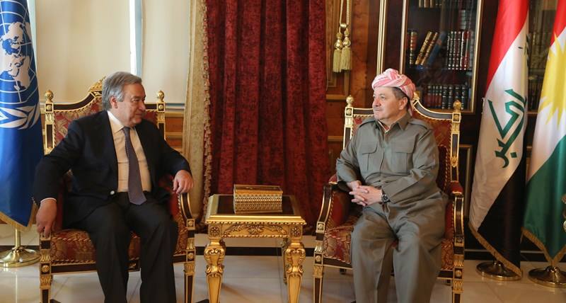 Serokê Herêma Kurdistanê Mesûd Barzanî û Serkreterê Giştî yê NY Antonio Gutters / Wêne: Arşîv