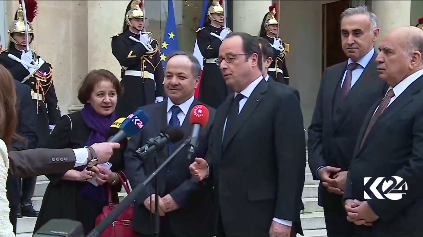 Joint press conference by President Barzani and President Hollande at the Elysee. (Photo: Kurdistan24)