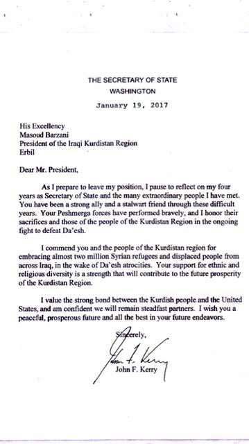 Nameya John Kerry ya ji Serokê Herêma Kurdistanê Mesûd Barzanî re birê kiriye.