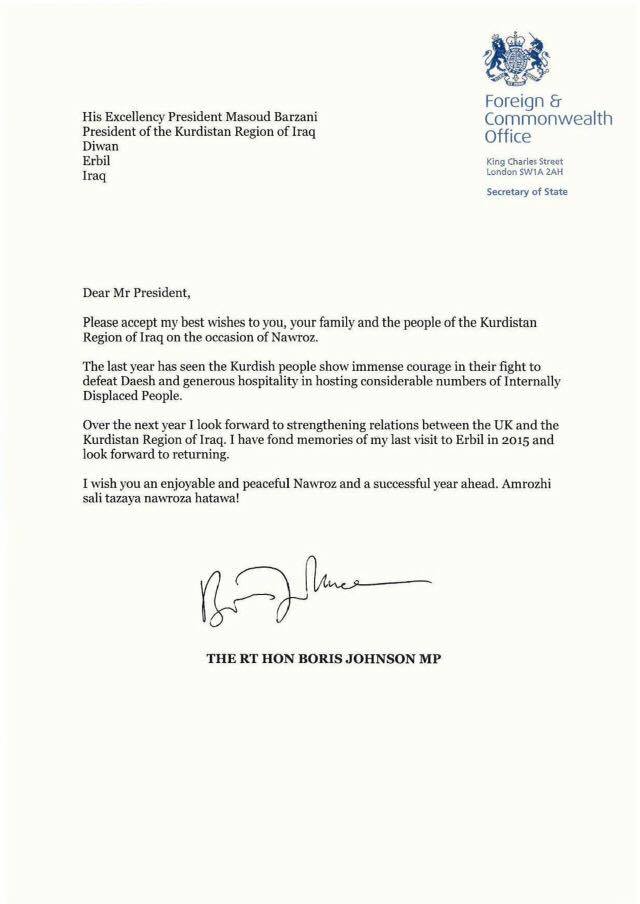 An official letter written by UK Secretary of State Foreign and Commonwealth Affairs Boris Johnson congratulating Kurdistan Region President Masoud Barzani.