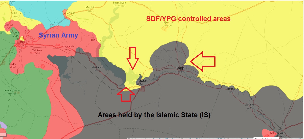 A screenshot of a live map of northern Syria by an online project shows the latest liberated areas from the Islamic State (IS). (Photo: Syrian Civil War Map/Edited on March 24, 2017 at Kurdistan24)