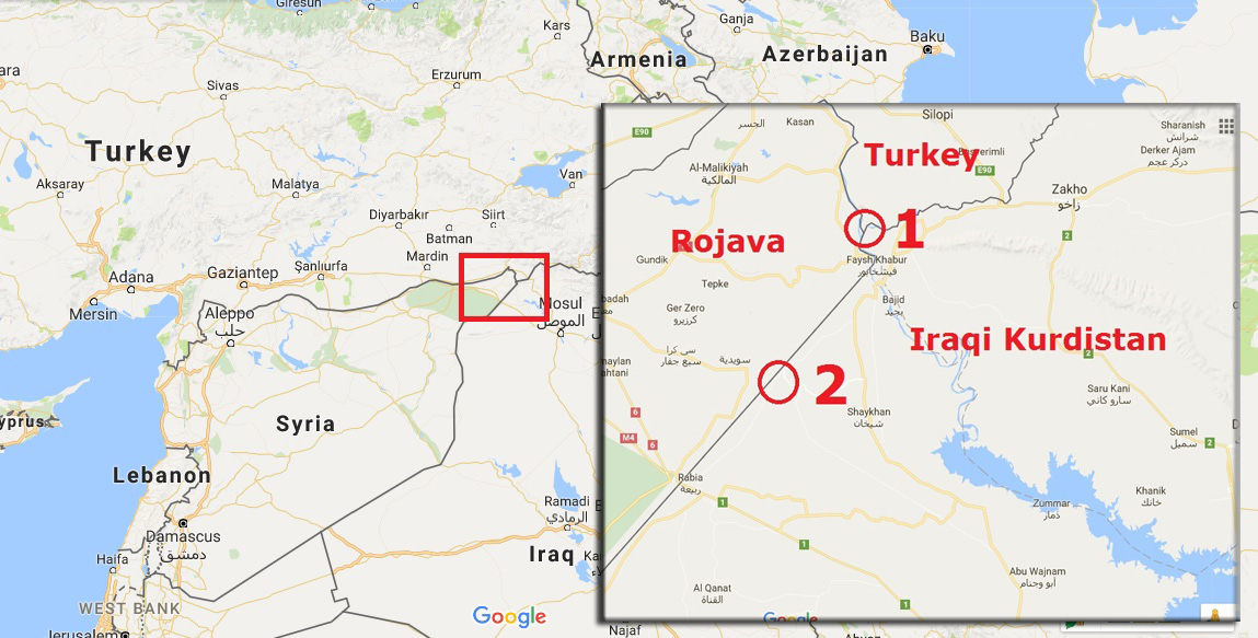 A map shows the border crossing between the Kurdistan Region and Syrian Kurdistan (Rojava). (Photo: Google maps/edited at Kurdistan24 on April 22, 2017)