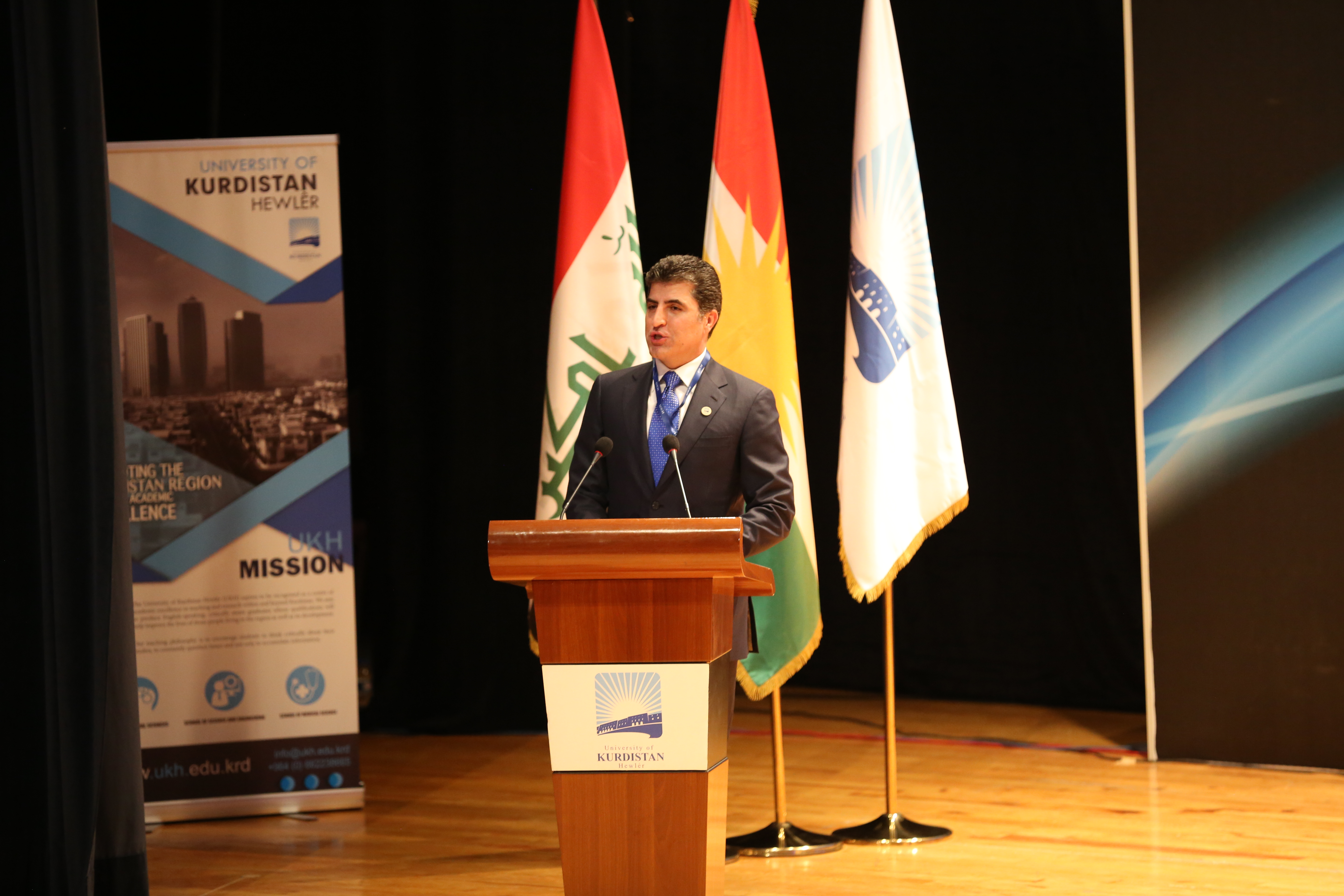 KRG PM giving a speech at the University of Kurdistan-Hawler conference. (Photo: University of Kurdistan-Hawler)