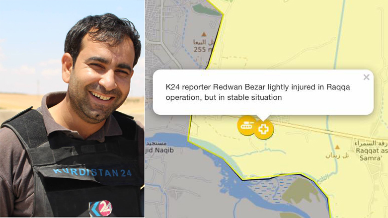 The E-Project of Syrian Civil War Live Map points the location where Kurdistan24 correspondent was injured in Raqqa. (Photo: Syria.liveuamap.com)