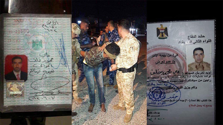 کارت نفر دستگیر شده (راست)، نفر دستگیر شده (میانه) و شناسنامه عضو حشد مقاومت (چپ)