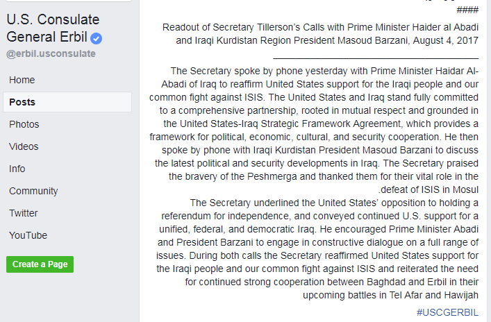 This statement published on the official Facebook page of the US Consulate General in Erbil on Friday was deleted on Saturday following the KRP's statement. 