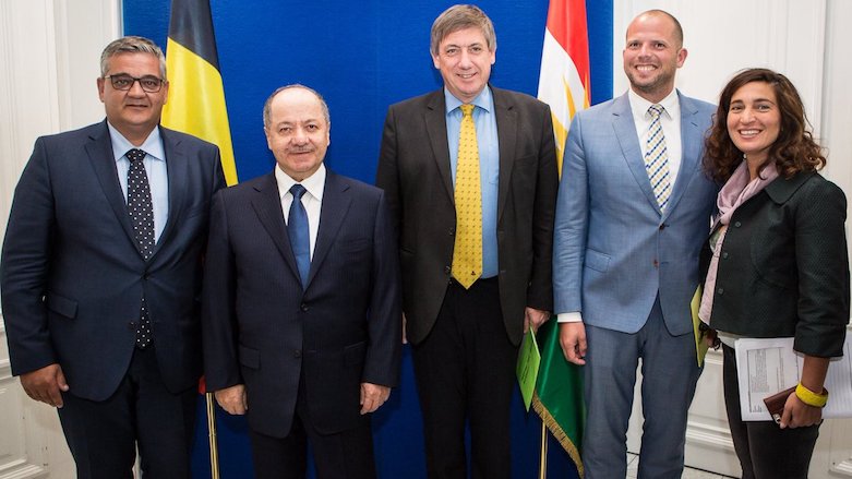 Zuhal Demir (right) with Kurdistan Region's President Masoud Barzani (second left) and Belgian Deputy Prime Minister Jan Jambon (center) in Brussels, July 11, 2017. (Photo: Belgium's Defense Ministry)