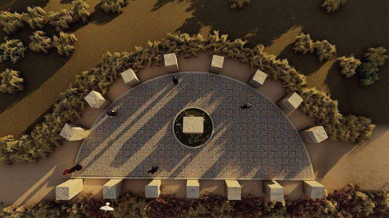 A compute-generated view from air of the demolished memorial Curukkaya's family was building in honor of their fallen Peshmerga son.