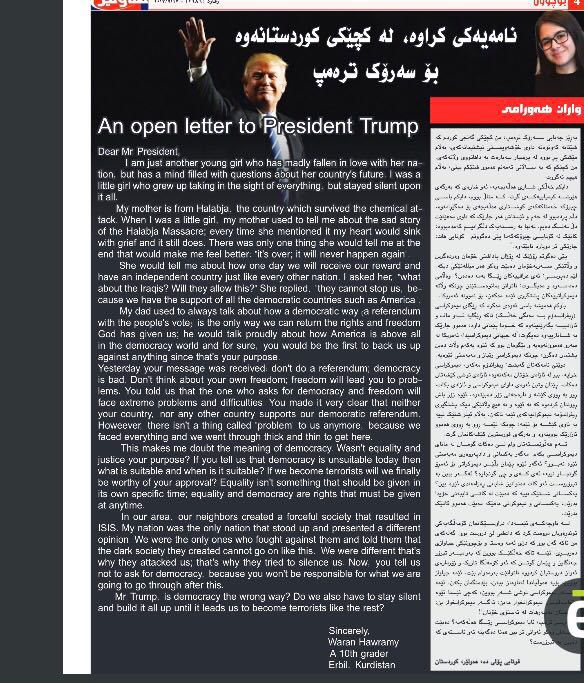 Waren Hawramy in 10th grade wrote an open letter to US President Donald Trump on the Kurdistan Referendum