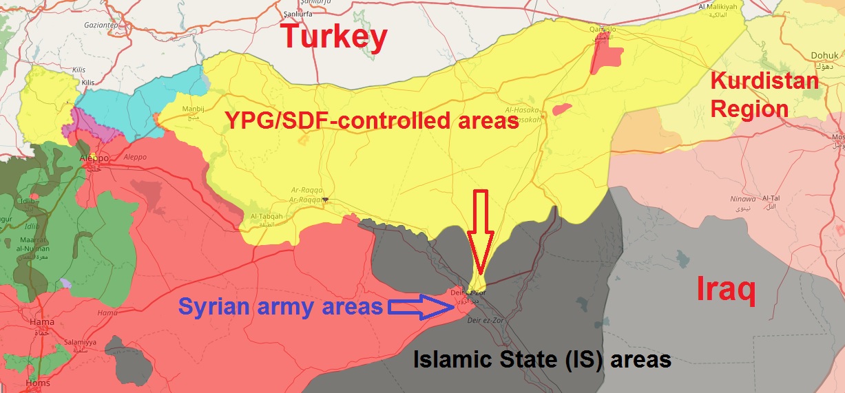 A screenshot of the E-Project of Syrian Civil War Live Map showing the progress of the SDF and Syrian army in separate offensives on Deir al-Zor. (Photo: http://syriancivilwarmap.com/Edited at Kurdistan 24 on Sep. 16, 2017)