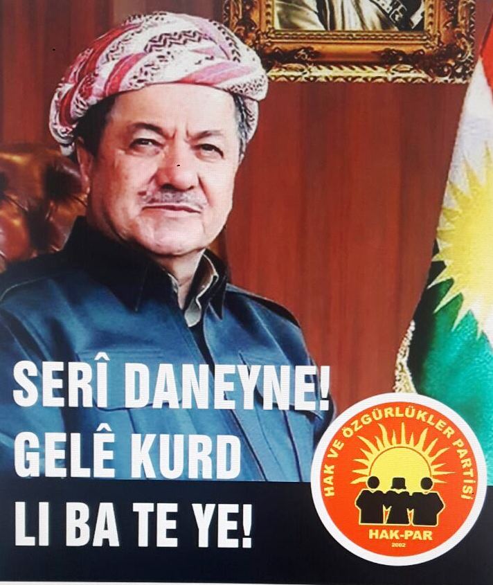 The poster of the Kurdistan Region's President, Masoud Barzani, which led to the arrest of three people by the Turkish police in Ankara. The Kurdish writing reads \u022Do not bow, the Kurdish people is with you.\u022