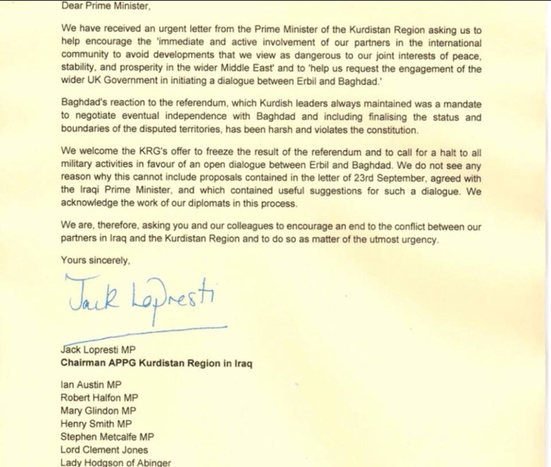 A number of Members of Parliament and Lords in the UK on Thursday sent a letter to British Prime Minister Theresa May, asking the government to encourage dialogue and put an end to the conflict between Erbil and Baghdad.