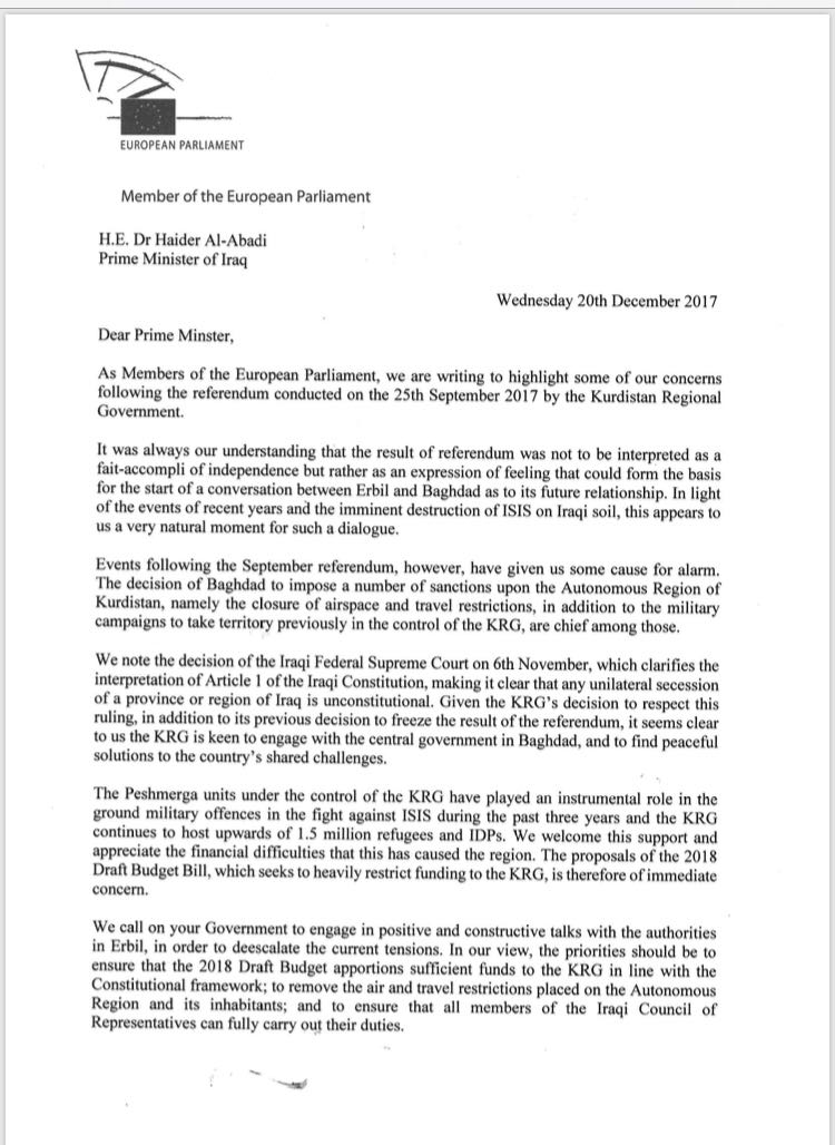 A copy of the letter sent from Members of the European Parliament to Iraqi Prime Minister Haider al-Abadi. 