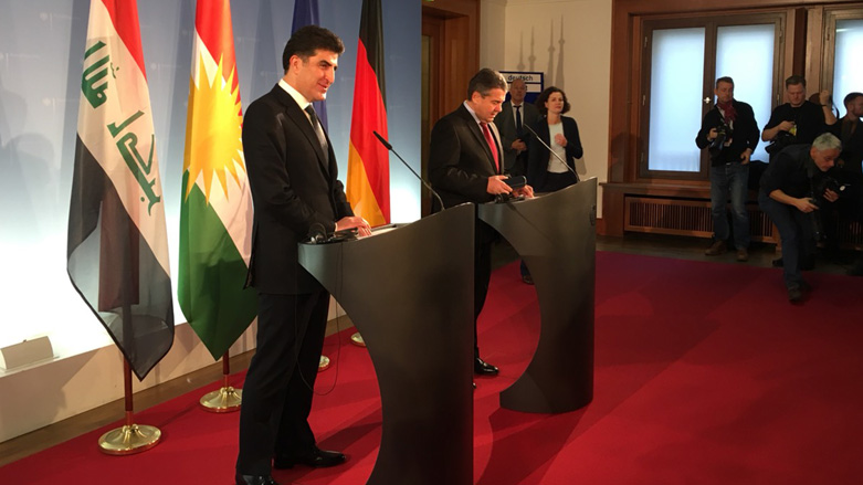 The press conference between the Prime Minister of the Kurdistan Region Nechirvan Barzani and German Foreign Minister Sigmar Gabriel in Berlin, Dec. 18, 2017. (Photo: Kurdistan 24)