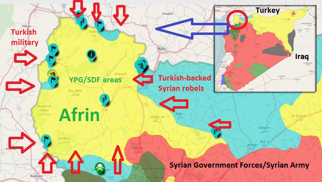 A screenshot from the online project of Syria Civil War Map showing the clash and air raid points on Syria's northwest Kurdish-run region of Afrin, Rojava, Syria. (Photo: https://syriancivilwarmap.com/ edited at Kurdistan 24/Rojava office on Jan. 31, 2018) 