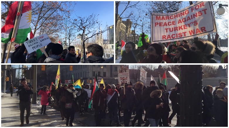 Kurds and non-Kurds in Ottawa, Canada hold up signs and shout slogans calling on the Canadian government to end Turkey's attack on Syrian Kurds in Afrin, Jan. 26, 2018. (Photo: United Youth for Kurdistan)