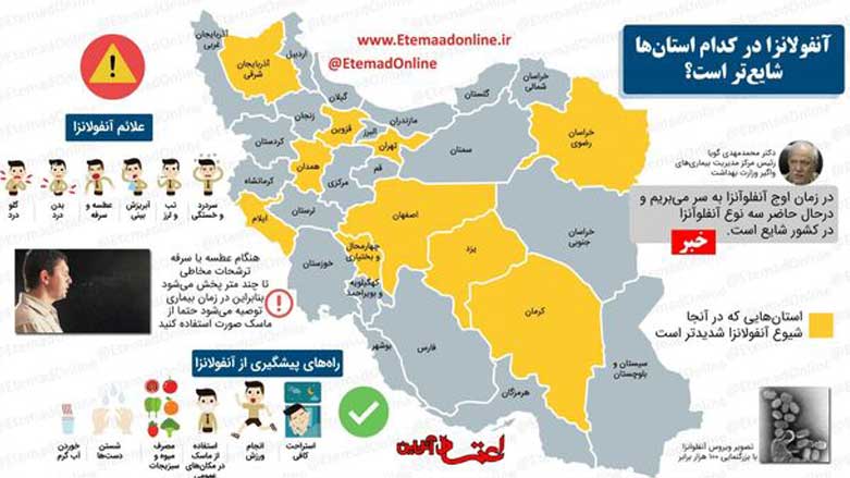 در نقشه‌ای کە اعتماد آنلاین منتشر کردە، استان ایلام در کردستان در لیست دە استان مبتلا با آنفولانزا قرار گرفته است
