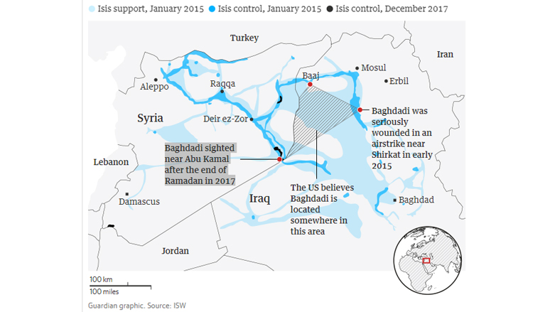 خريطة من صحيفة الغارديان لتنقلات البغدادي
