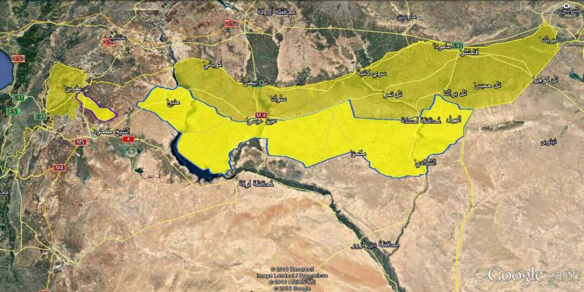 ئه‌و ناوچانه‌ی به‌ ره‌نگی زه‌رد ده‌ستنیشان كراون له‌ ژێر كۆنتڕۆڵی هه‌سه‌ده‌دایه‌