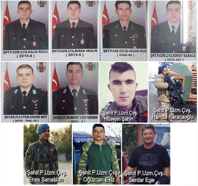 وێنه‌ی ئه‌و 11 سه‌ربازانه‌ی توركیا كه‌ له‌ ماوه‌ی 24 كاتژمێری رابردوودا له‌ عه‌فرین كوژراون