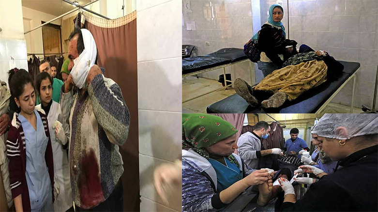 The collage shows civilians, whom Turkish attacks have wounded, getting treatment at the main hospital in Afrin, Syrian Kurdistan, February 2018. (Source: Kurdistan 24)