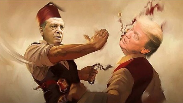 An illustration found on the pro-government Turkish media shows US President Donald Trump receiving an 