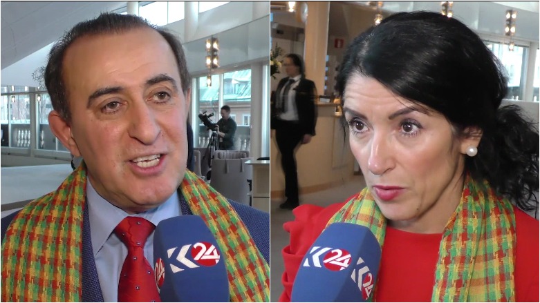 Green Party MP Jabar Amin (L) and Left Party MP Amineh Kakabaveh, both Kurds, discuss Turkey's violations against the people of Afrin. (Photo: Kurdistan 24)