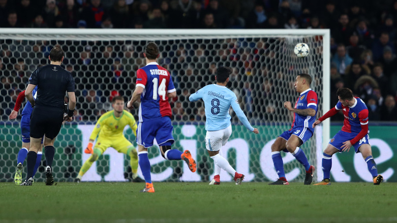 Manchester City's Ilkay Gundogan watches on as his effort gives his team a four-goal lead. (Photo: UEFA)