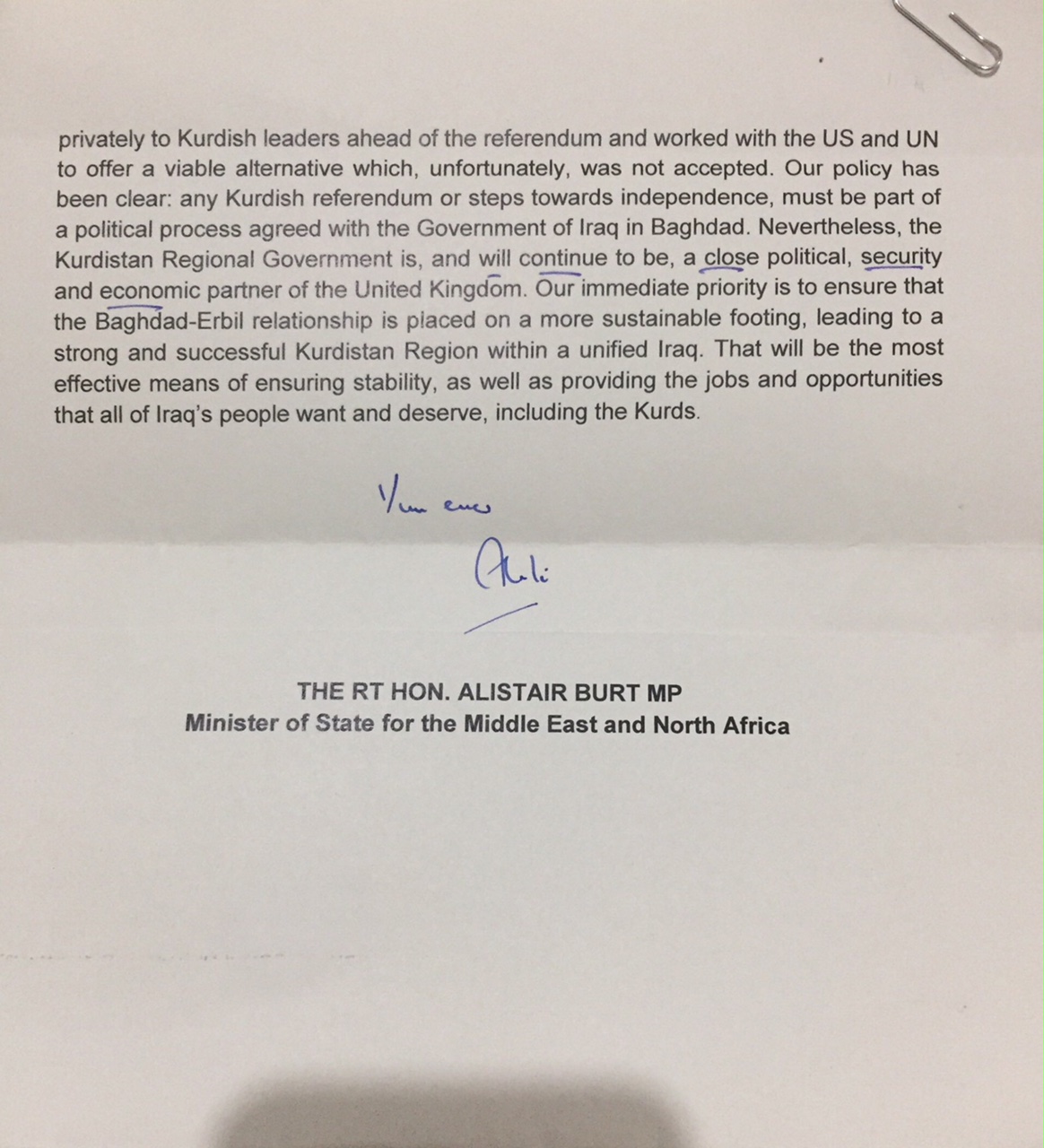 Alistair Burt, the UK Minister of State for the Middle East and North Africa, discusses his government's stance on the disputes between Erbil and Baghdad.